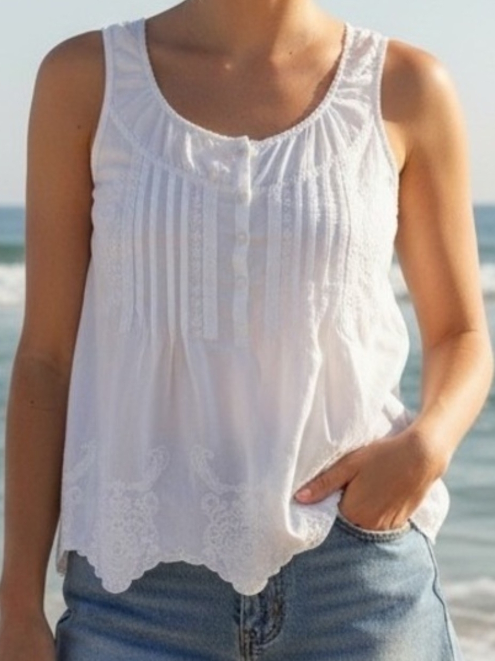 Love Stitch White Lace-Trim Cotton Camisole